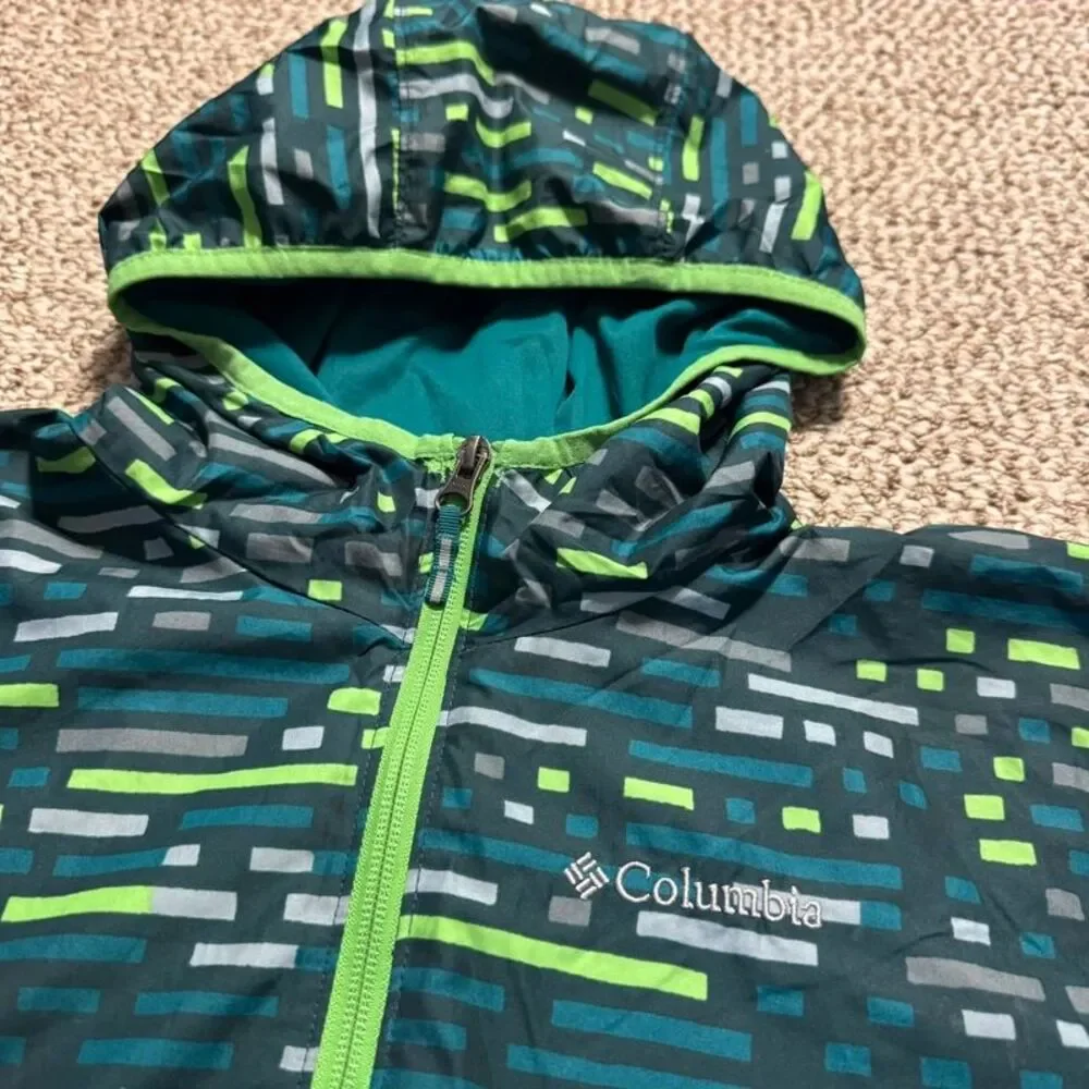 Columbia Omni-Wick Hooded Windbreaker Jacket Green Print Youth Large